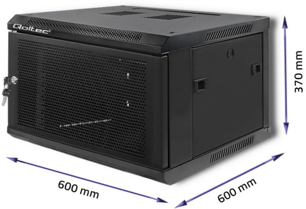 Szafa RACK QOLTEC 19 6U 54489 600 x 600 mm Czarna szafa wisząca z perforowanymi drzwiami pokazana pod kątem z zaznaczonymi wymiarami 600 mm szerokości, 635 mm wysokości i 450 mm głębokości, konstrukcja, wymiary