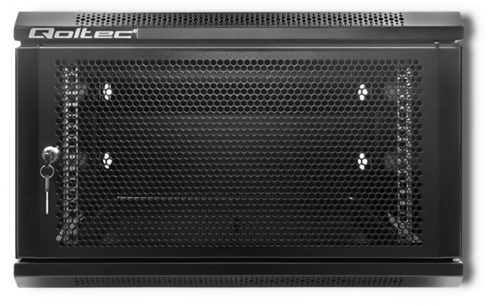 Szafa RACK QOLTEC 19 6U 54489 600 x 600 mm Widok z przodu na czarną szafę wiszącą z perforowanymi drzwiami zamykanymi na klucz, zamek, montaż