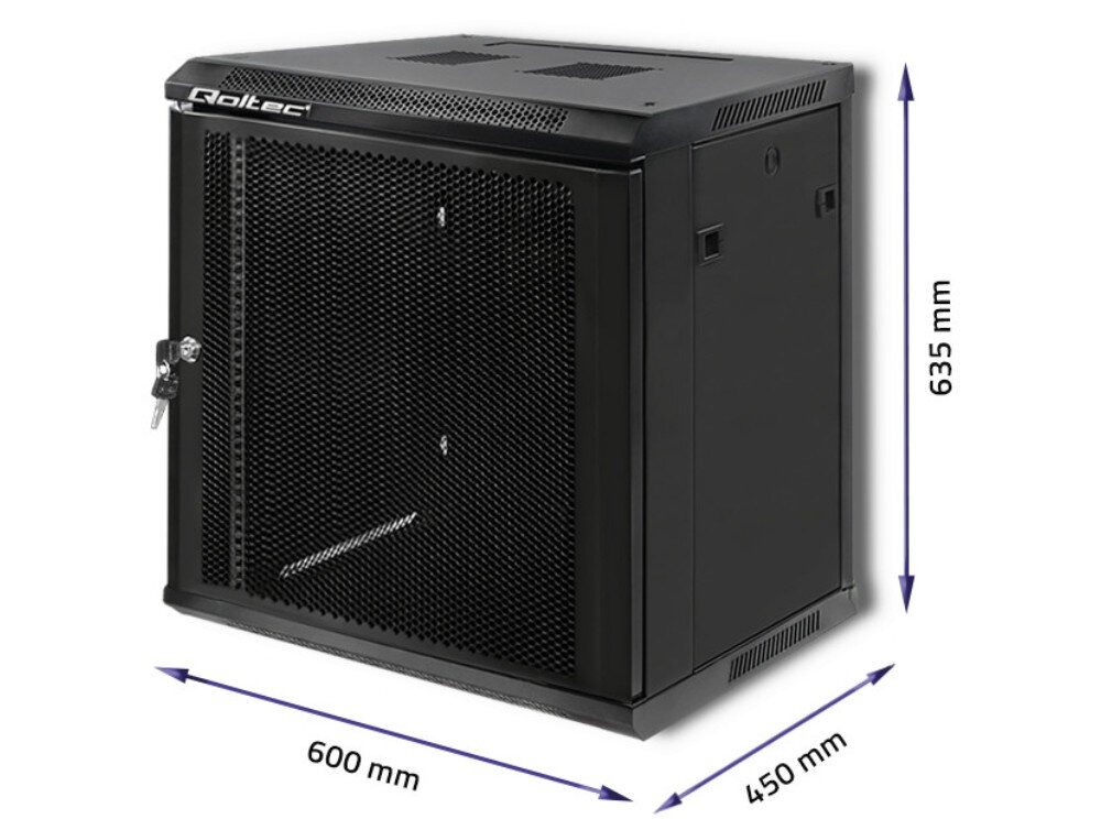 Szafa RACK QOLTEC 19 12U 54488 600 x 450 mm Czarna szafa wisząca z perforowanymi drzwiami pokazana pod kątem z zaznaczonymi wymiarami 600 mm szerokości, 635 mm wysokości i 450 mm głębokości, konstrukcja, wymiary