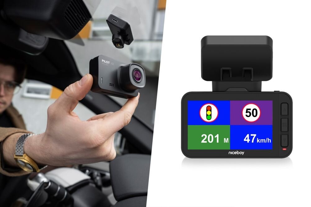 Wideorejestrator NICEBOY Pilot XR Radar obiektyw rozdzielczość nagrywanie kąt zapis sensor czujnik montaż wymiary ładowanie zasilanie auto samochód rejestrowanie karta pamięć pojemność ładowarka obraz zdjęcia filmy aplikacja sterowanie 