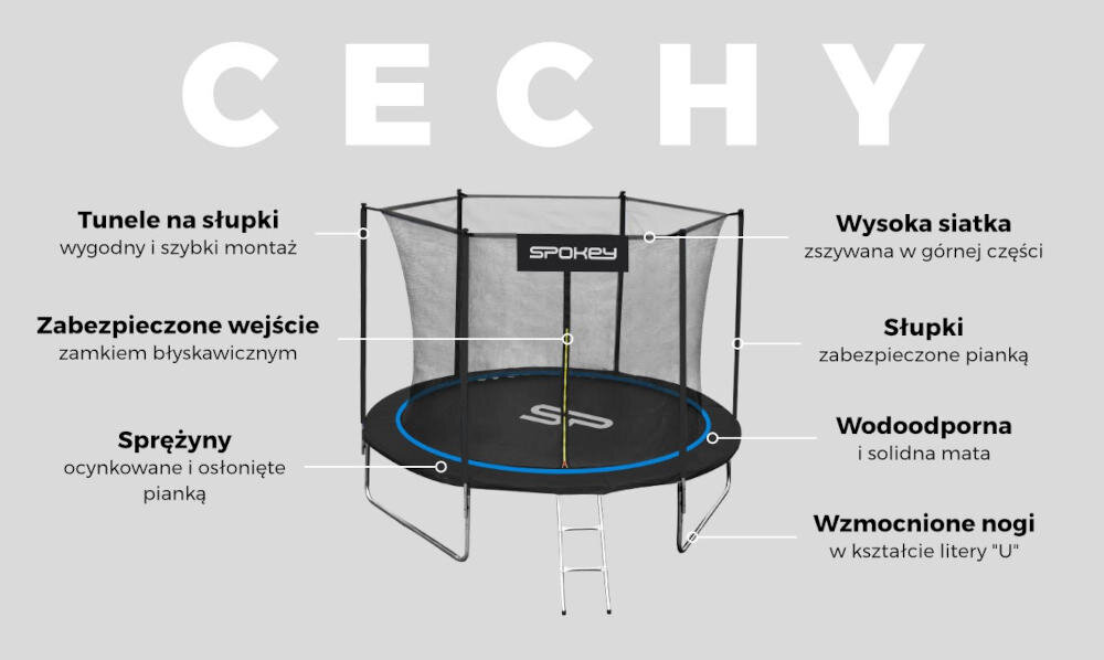 SPOKEY trampolina sprężyny napięta mata wytrzymałe niezawodne montaż tunele słupki wzmacniane nogi