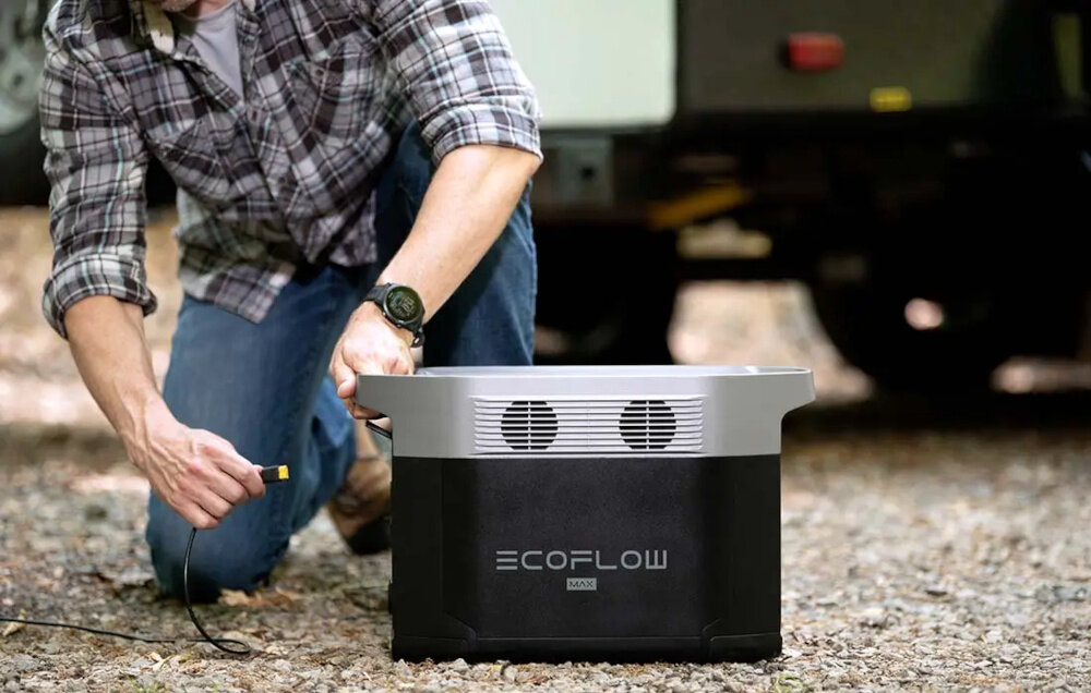 Stacja zasilania ECOFLOW DELTA Max 1600 mozliwosc podlaczenia do dwoch dodatkowych akumulatorow DELTA Max agregatu pradotworczego wieksza pojemnosc i czas pracy systemu