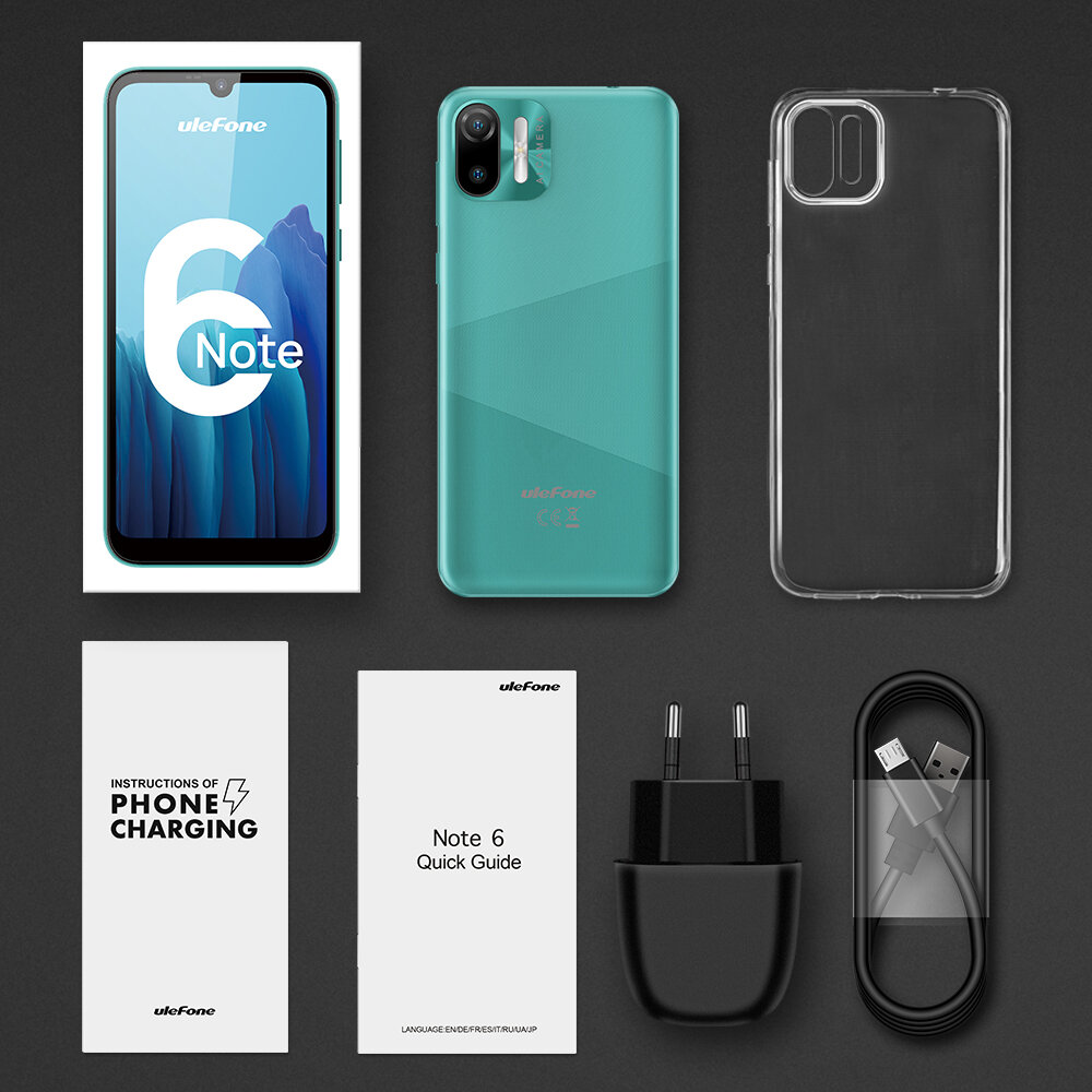 Smartfon ULEFONE Note 6   ekran bateria aparat procesor ram pamięć pojemność rozdzielczość zdjęcia filmy opis dane cechy blokady system łączność wifi bluetooth obudowa szkło odporność porty muzyka transfer sieć przekątna matryca waga czujniki oled amoled ips