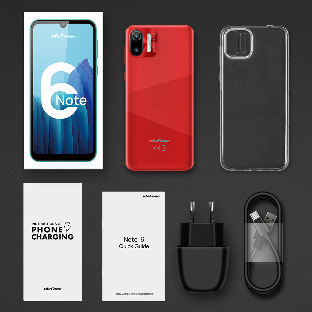 Smartfon ULEFONE Note 6   ekran bateria aparat procesor ram pamięć pojemność rozdzielczość zdjęcia filmy opis dane cechy blokady system łączność wifi bluetooth obudowa szkło odporność porty muzyka transfer sieć przekątna matryca waga czujniki oled amoled ips