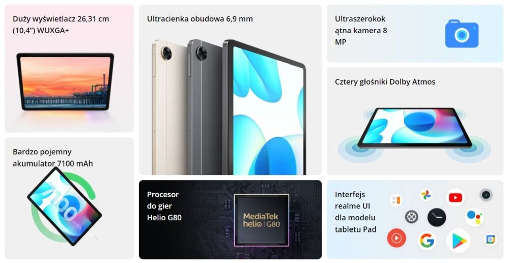 Tablet REALME Pad ekran bateria aparat procesor ram pamięć pojemność rozdzielczość zdjęcia filmy opis dane cechy blokady system łączność wifi bluetooth obudowa szkło odporność porty muzyka transfer sieć przekątna matryca waga czujniki