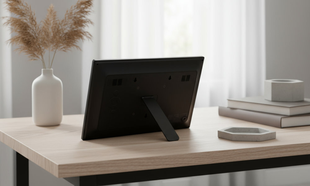 BRAUN DF 1361 dołączonej do kompletu podpórce zamocować na ścianie (VESA 75x75) DF 1361 gniazdo kart SD (SD, SDHC, MMC i MS) USB-A 2.0 pendrive dwa głośniki stereofoniczne (2 x 2W), trybie wideo kalendarz, zegar, alarm USB-A gniazdo wejściowe HDMI do 32 GB- ramka od tyłu stojąca na stoliku