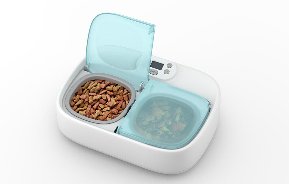 Dozownik karmy PETONEER Two-Meal Feeder PF003 miska z otwartą jedną pokrywką zdalne sterowanie pracą miski zdalna kontrola aplikacja na android ios