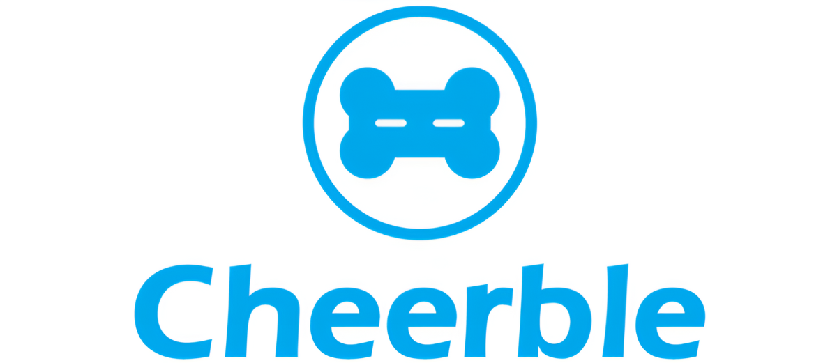 Logo Cheerble w kolorze niebieskim, przedstawiające stylizowaną kość w okręgu nad napisem \'Cheerble\'.