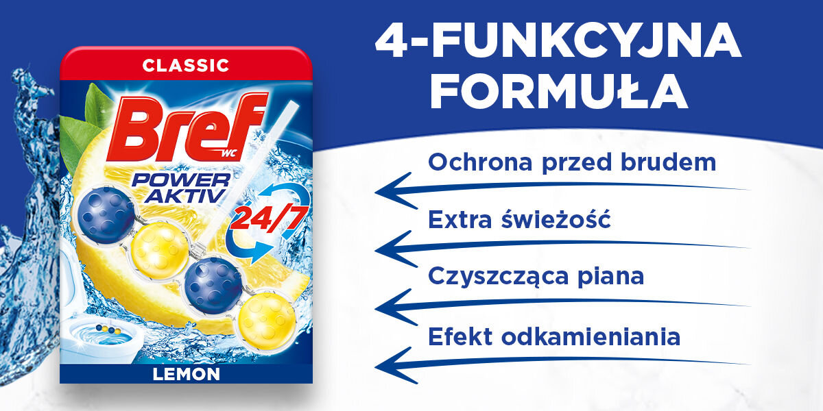 Kostka do WC BREF Power Aktiv Cytryna Opakowanie zawieszki do WC Bref Power Aktiv Lemon (żółto-niebieskie, z cytryną) z czterema strzałkami wskazującymi na listę funkcji: Ochrona przed brudem, Extra świeżość, Czyszcząca piana oraz Efekt odkamieniania. Nagłówek: 4-FUNKCYJNA FORMUŁA