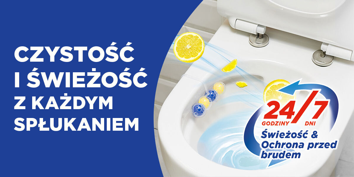 Kostka do WC BREF Power Aktiv Cytryna Zbliżenie na wnętrze białej muszli toaletowej z zawieszoną zawieszką Bref Power Aktiv Lemon (żółte i niebieskie kuleczki). Woda wiruje, a dookoła unosi się cytryna w plasterkach i kawałkach. Po lewej duży napis: CZYSTOŚĆ I ŚWIEŻOŚĆ Z KAŻDYM SPŁUKANIEM oraz symbol 24/7 z hasłem: Świeżość & Ochrona przed brudem