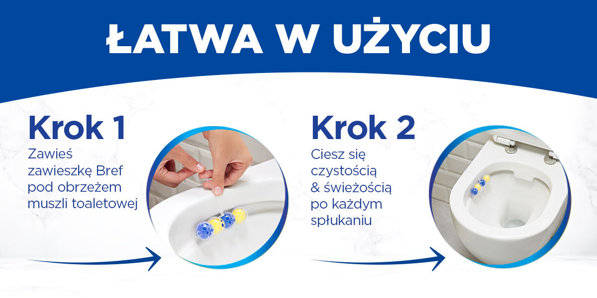 Kostka do WC BREF Power Aktiv Cytryna Instrukcja montażu w dwóch krokach, z tytułem ŁATWA W UŻYCIU. Krok 1: Zbliżenie na dłonie wieszające żółto-niebieską zawieszkę Bref Power Aktiv pod brzegiem muszli. Krok 2: Cała muszla toaletowa z prawidłowo zamontowaną zawieszką.