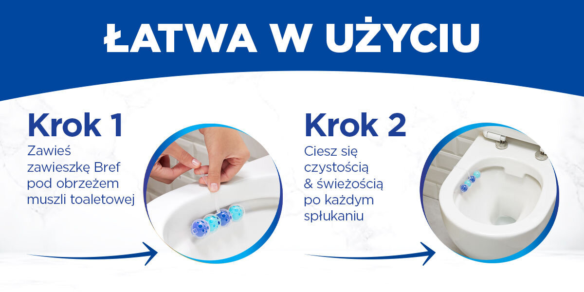 Kostka do WC BREF Power Aktiv Ocean Instrukcja montażu w dwóch krokach, z tytułem ŁATWA W UŻYCIU. Krok 1: Zbliżenie na dłonie wieszające niebiesko-turkusową zawieszkę Bref Power Aktiv pod brzegiem muszli. Krok 2: Cała muszla toaletowa z prawidłowo zamontowaną zawieszką.