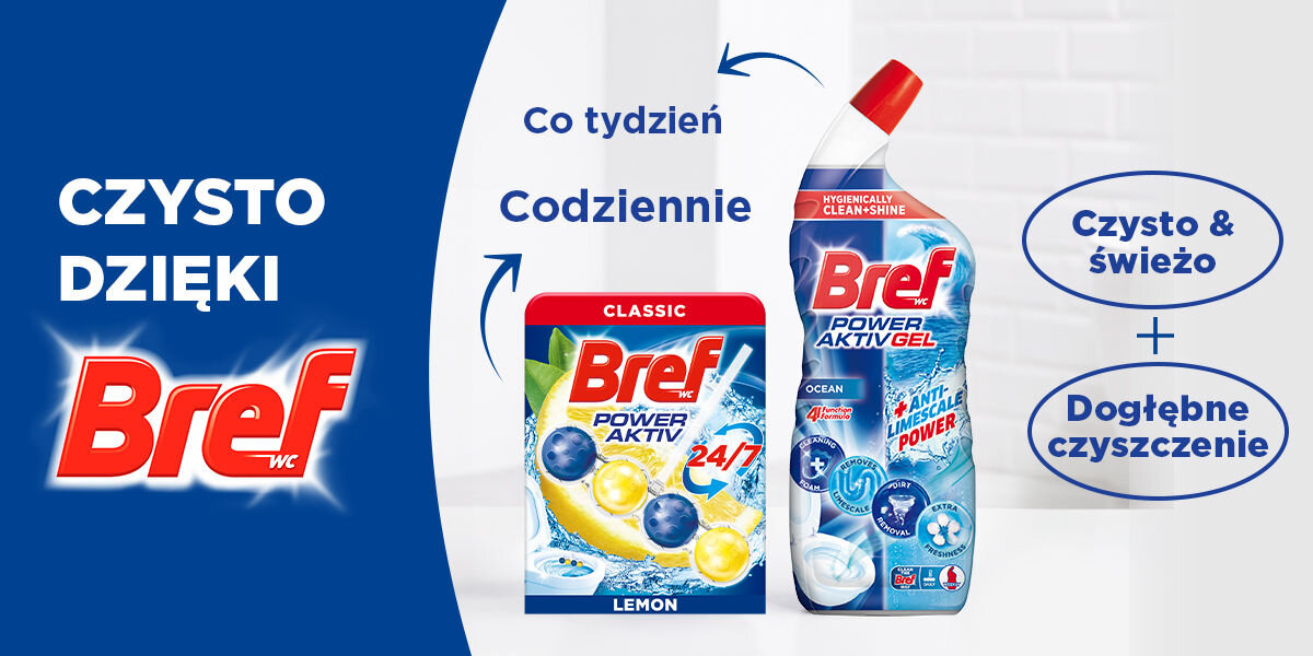 Kostka do WC BREF Power Aktiv Cytryna Grafika promująca dwa produkty Bref: zawieszkę Bref Power Aktiv Lemon (do codziennego użytku) i butelkę żelu Bref Power Aktiv Gel Ocean (do cotygodniowego użytku). Obok teksty: Czysto & świeżo oraz Dogłębne czyszczenie. Po lewej duże logo Bref WC i napis CZYSTO DZIĘKI BREF