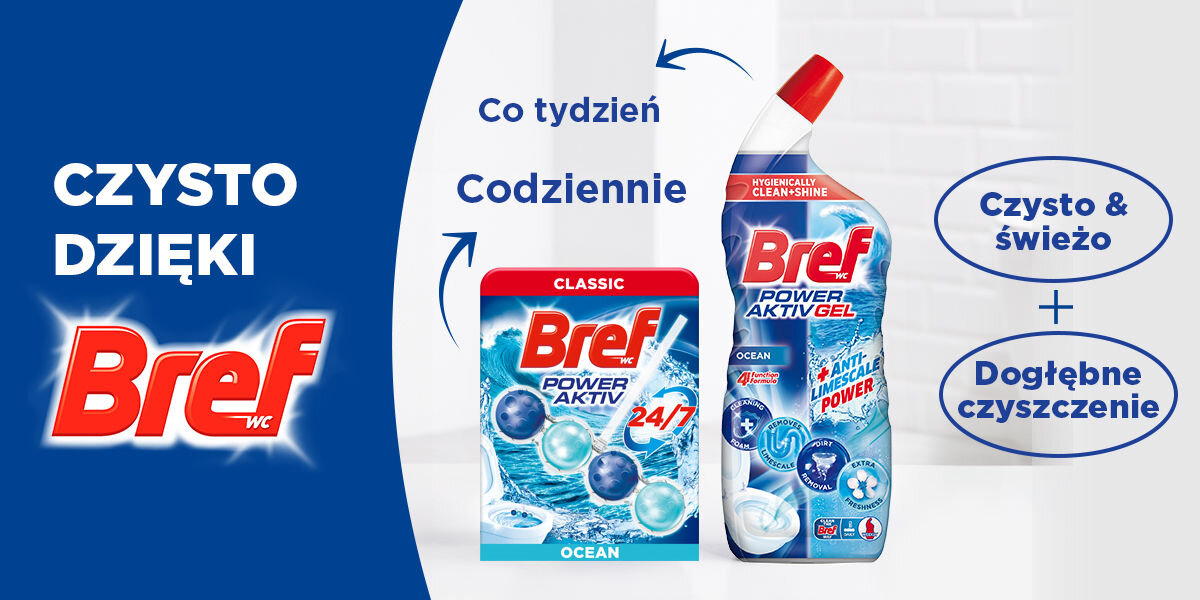 Kostka do WC BREF Power Aktiv Ocean Grafika promująca dwa produkty Bref: zawieszkę Bref Power Aktiv Ocean (do codziennego użytku) i butelkę żelu Bref Power Aktiv Gel Ocean (do cotygodniowego użytku). Obok teksty: Czysto & świeżo oraz Dogłębne czyszczenie. Po lewej duże logo Bref WC i napis CZYSTO DZIĘKI BREF