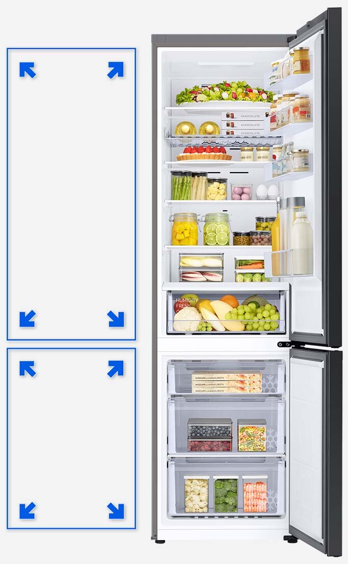 Grafika ze schematem zwiększonej przestrzeni w lodówce BESPOKE z zachowaniem tych samych wymiarów Grafika ze schematem zwiększonej przestrzeni w lodówce BESPOKE z zachowaniem tych samych wymiarów