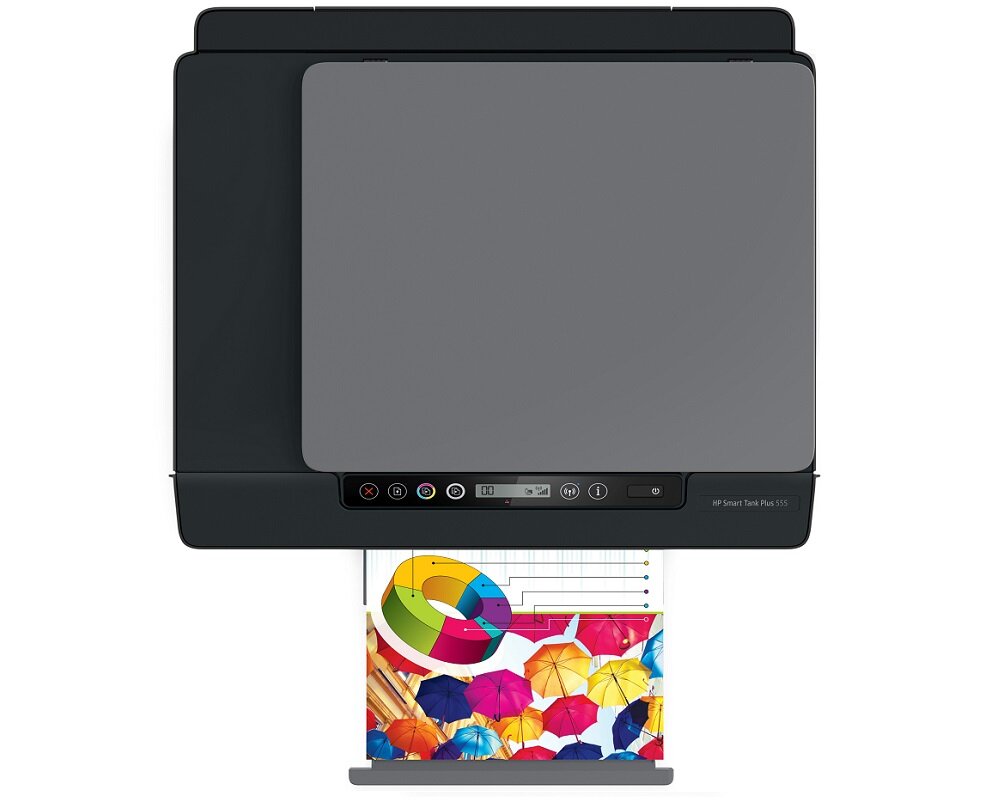 urządzenie wielofunkcyjne HP Smart Tank Plus 555 Wi-Fi drukowanie skanowanie kopiowanie tusz jakość kolor czerń zbiornik przyciski płynność oszczędność wymiary Rozdzielczość druku