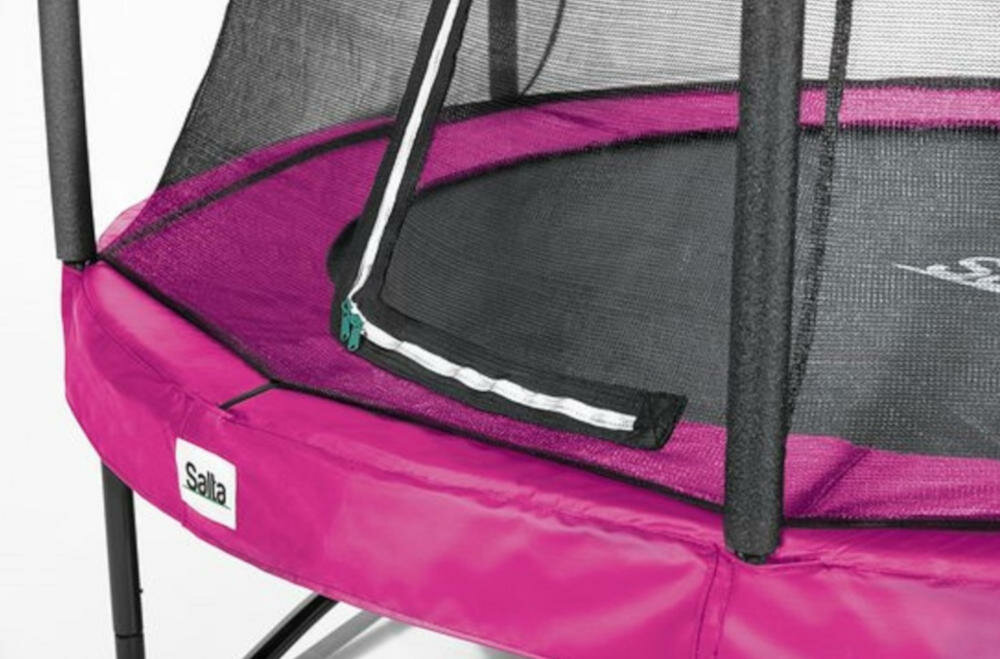 SALTA trampolina rama stal ocynkowana powłoka bezpieczna podstawa siatka zabezpieczająca zamek błyskawiczny wchodzenie zamykanie