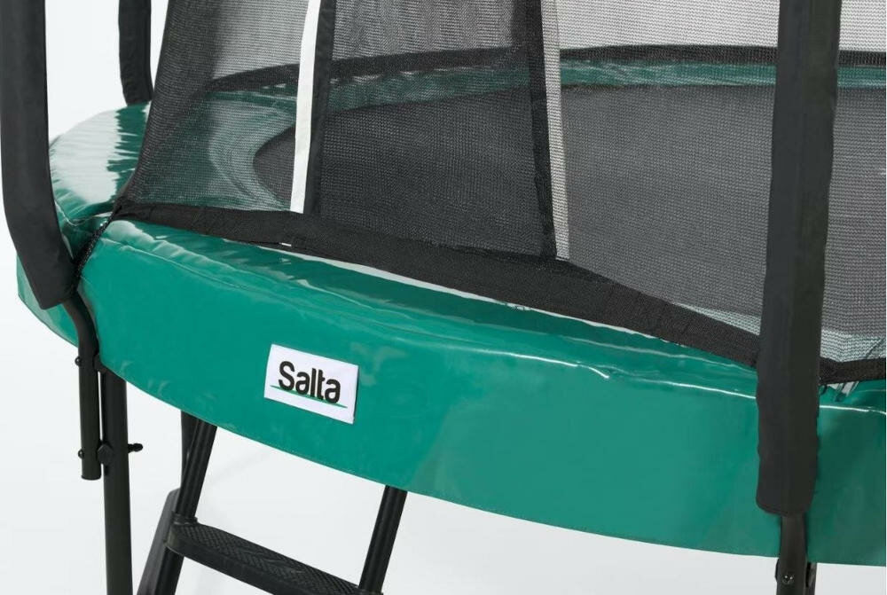 SALTA trampolina rama stal ocynkowana powłoka bezpieczna podstawa siatka zabezpieczająca zamek błyskawiczny wchodzenie zamykanie