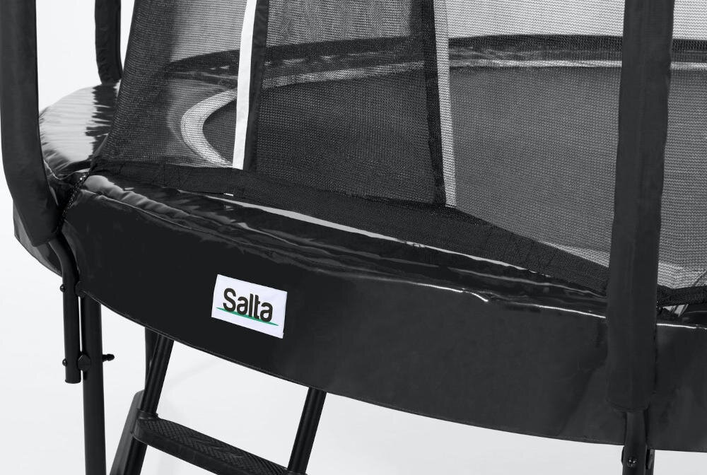 SALTA trampolina rama stal ocynkowana powłoka bezpieczna podstawa siatka zabezpieczająca zamek błyskawiczny wchodzenie zamykanie