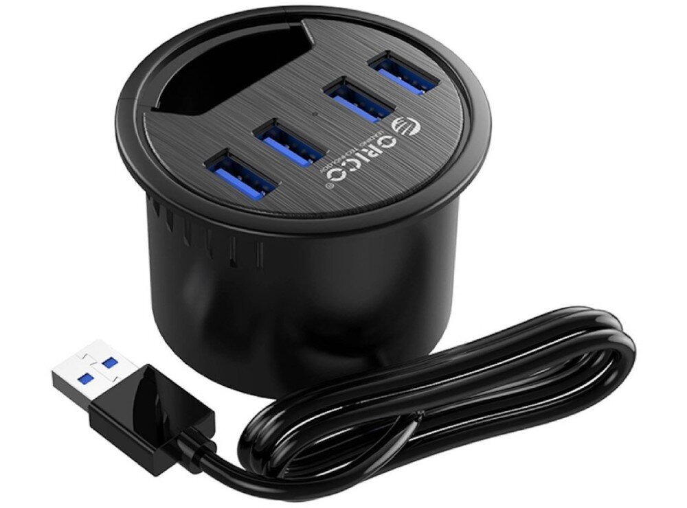 Hub ORICO DESK-4U-BK-BP Czarny okrągły hub USB z czterema niebieskimi portami USB i przewodem zakończonym wtykiem USB 3.0, wygląd, dioda LED
