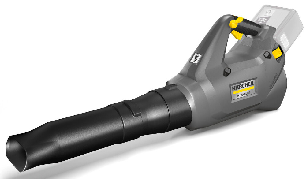 Dmuchawa do liści akumulatorowa KARCHER LB 930-36 Bp 1.042-507.0 dmuchawa na białym tle widoczna od przodu pod skosem do oczyszczania chodników podjazdów i ogrodów przepływ powietrza do 930 m³/h prędkość nadmuchu do 60 m/s praca bez przewodów pełna swoboda ruchu