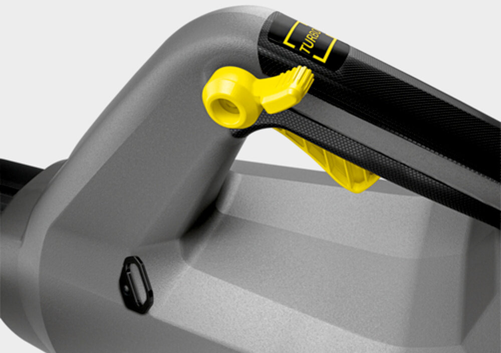 Dmuchawa do liści akumulatorowa KARCHER LB 930-36 Bp 1.042-507.0 zbliżenie na uchwyt i regulację prędkości 90% niższe koszty obsługi brak wydatków na paliwo i ograniczona potrzeba serwis wysoka efektywność działania bezstopniowa regulacja prędkości przycisk turbo