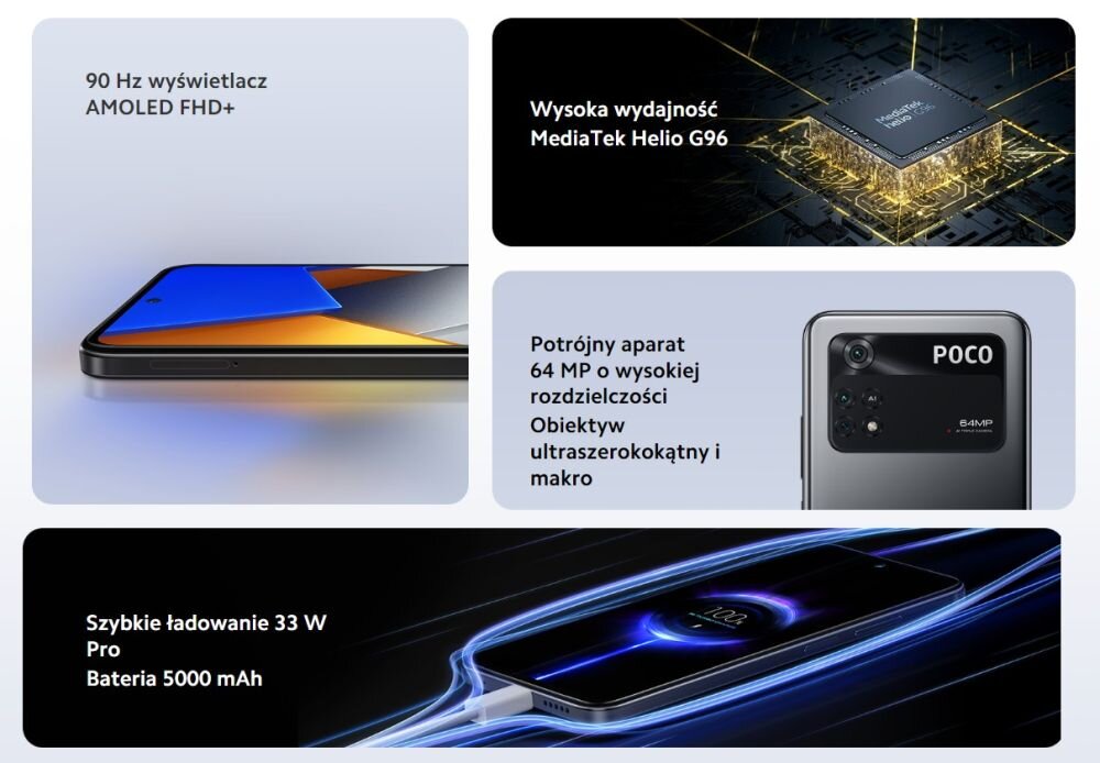 Smartfon XIAOMI Poco M4 Pro ekran bateria aparat procesor ram pamięć pojemność rozdzielczość zdjęcia filmy opis dane cechy blokady system łączność wifi bluetooth obudowa szkło odporność porty muzyka transfer sieć przekątna matryca waga czujniki