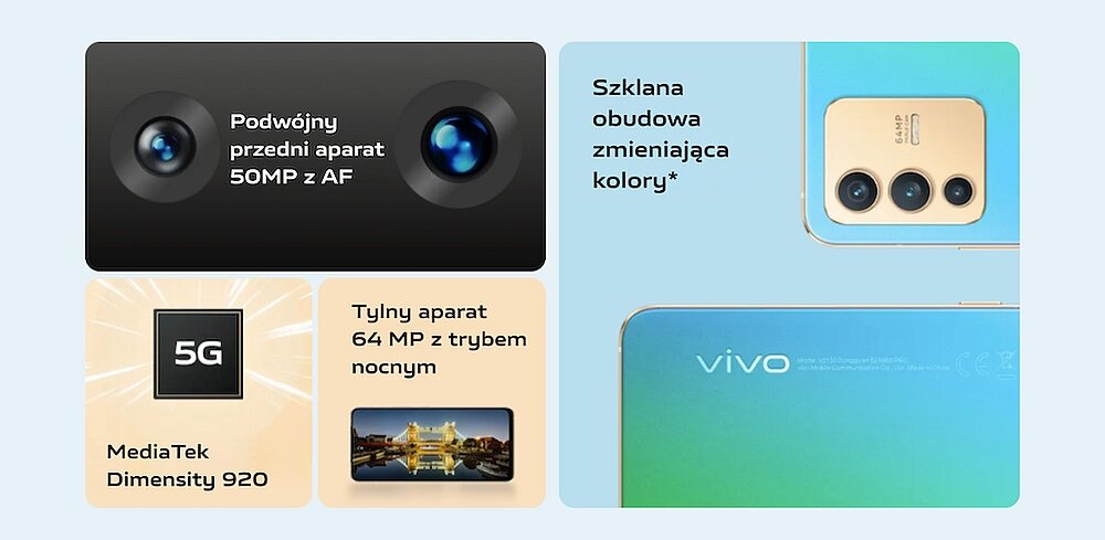 Smartfon VIVO V23 ekran bateria aparat procesor ram pamięć pojemność rozdzielczość zdjęcia filmy opis dane cechy blokady system łączność wifi bluetooth obudowa szkło odporność porty muzyka transfer sieć przekątna matryca waga czujniki