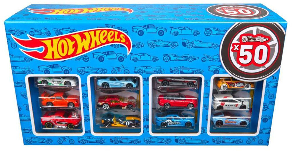 Opakowanie z zabawkowymi samochodzikami Hot Wheels, zawierające 50 sztuk, z widocznymi modelami w okienkach. Na opakowaniu znajduje się logo Hot Wheels oraz symbol \'x50\'.