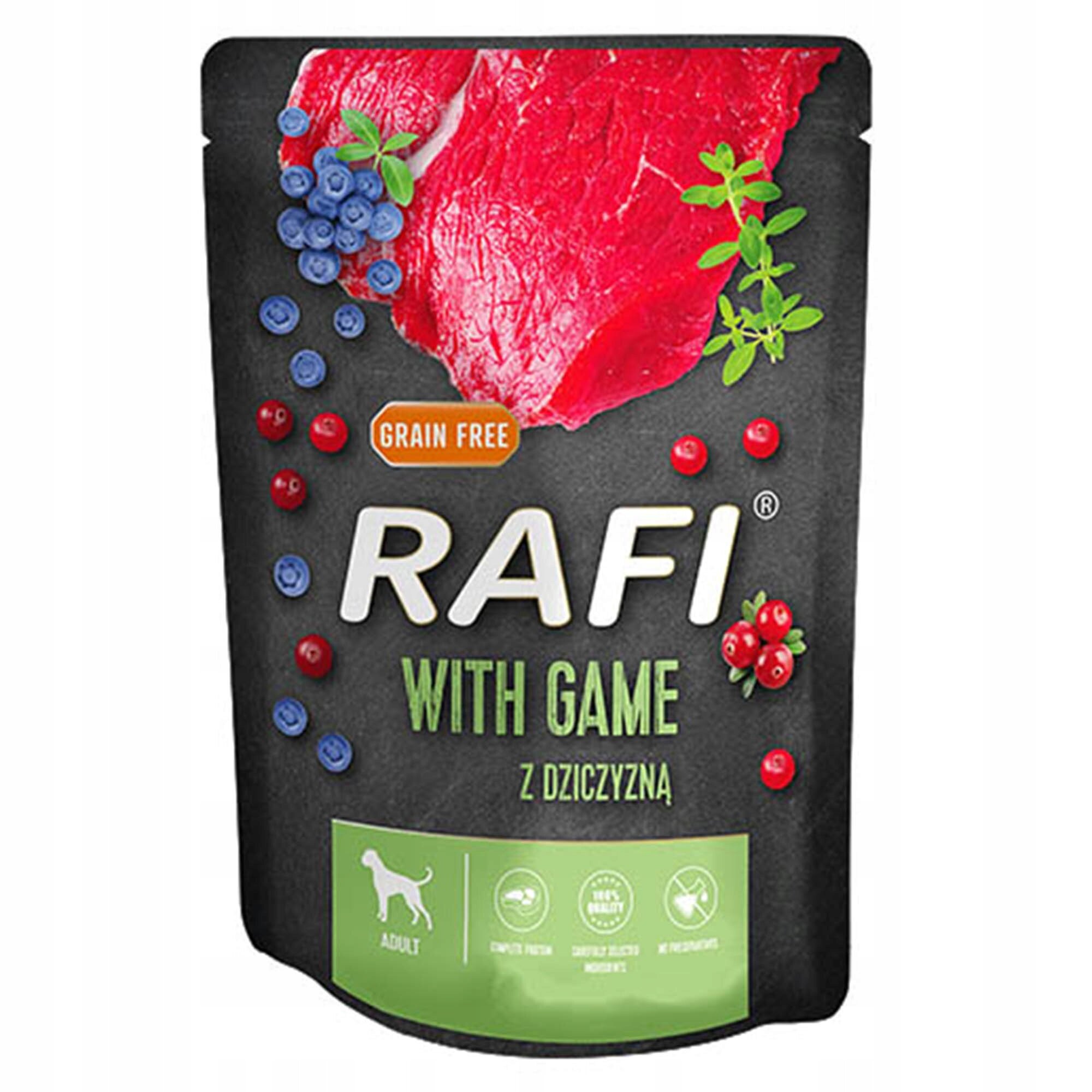 Opakowanie mokrej karmy dla psów marki Rafi z dziczyzną, ozdobione zdjęciem mięsa, jagód i ziół. Na opakowaniu widnieje napis: \'GRAIN FREE\', \'RAFI WITH GAME Z DZICZYNĄ\', oraz ikony wskazujące na brak konserwantów i pełnowartościowy skład.
