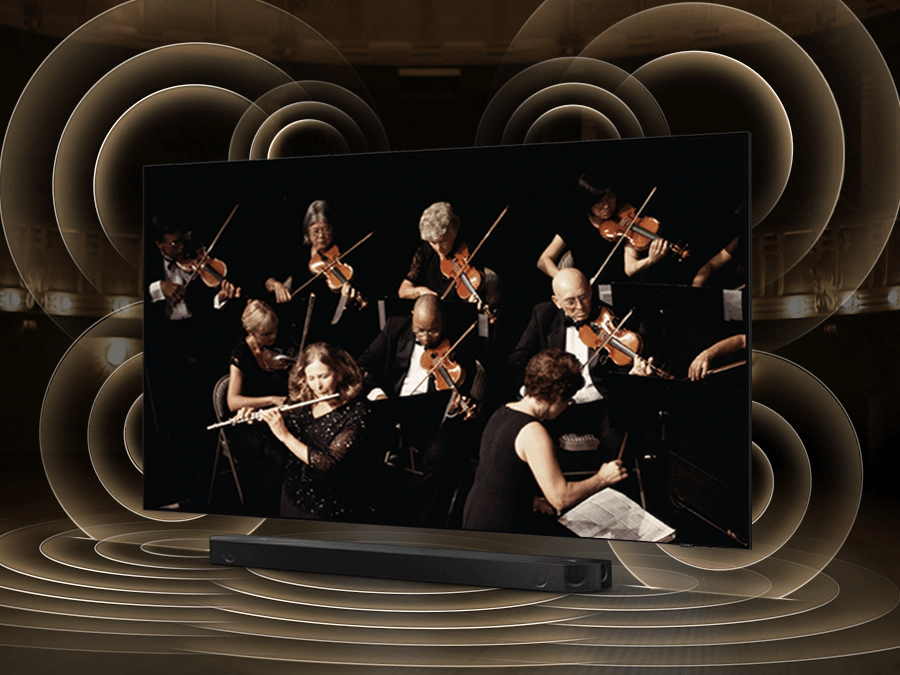 phpnidzvu pl-feature-tv-and-soundbar-orchestrated-in-perfect-harmony-531081369 Symulacja rozchodzenia się fal dźwiękowych z telewizora i soundbara grających równomiernie dzięki technologii Q Symphony. Q80BATXXH