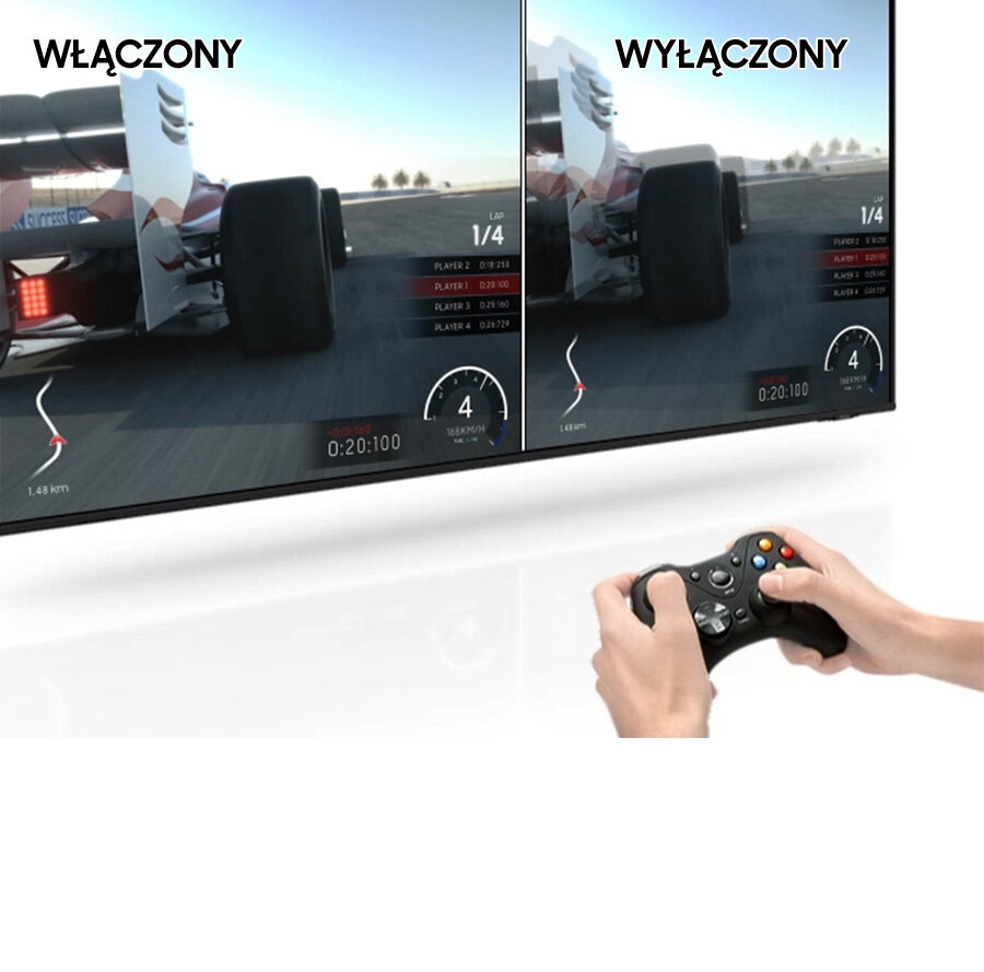 Gra po lewej stronie, z napisem „włączony” jest upłynniona dzięki Automatycznemu Trybowi Gry, w porównaniu do tej po prawej stronie, z napisem „wyłączony”. BU8002KXXH