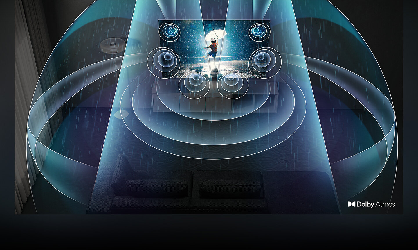 php2b3ais pl-feature-lrm-531081141 Telewizor QLED wyświetla dziecko bawiące się w deszczu. Fale dźwiękowe z Dolby Atmos rozchodzą się z telewizora, wypełniając pokój. Q80BATXXH