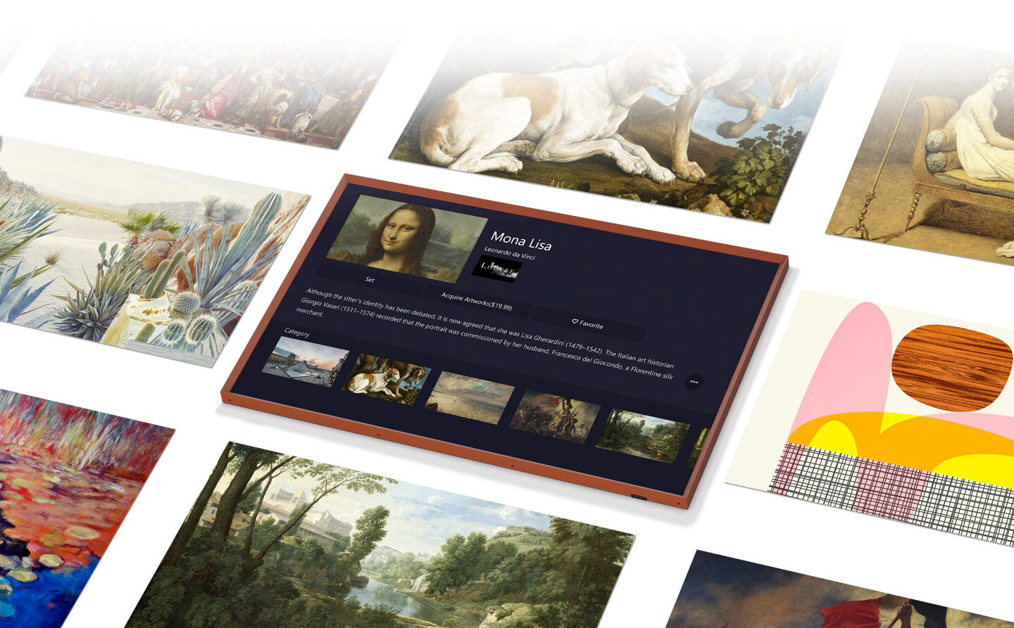 W środku znajduje się strona ze sklepem Art Store do telewizora The Frame. Dookoła znajdują się róże dzieła, które można znaleźć w Art Store. LS03BBUXXH