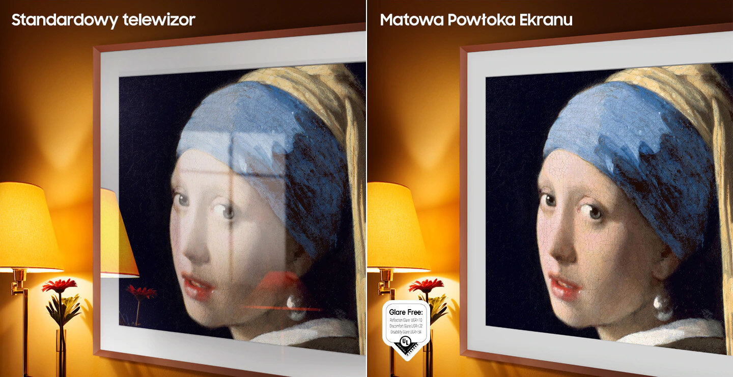 php8jgqq6 pl-feature-the-frame-ls03b-532022857 Po lewej stronie ekran standardowego telewizora ukazujący dzieło sztuki z refleksami światła. Po prawej stronie ten sam obraz na The Frame z Matową Powłoką Ekranu, bez odbić. W dolnym lewym rogu znajduje się certyfikowane logo Matowej Powłoki Ekranu. LS03BBUXXH