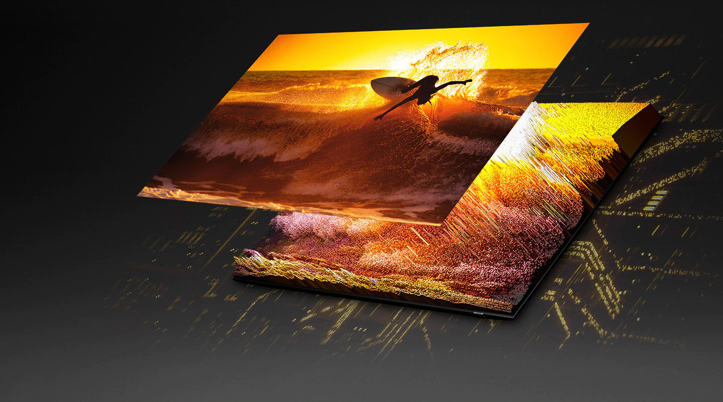 php39ucma pl-feature---531279632 Dzięki Quantum Mini LED i mikrowarstwie, wizerunek surfera na ekranie wyświetlany jest w każdym detalu bardzo wyraźnie, zarówno w jasnych, jak ciemnych obszarach. QN95BATXXH