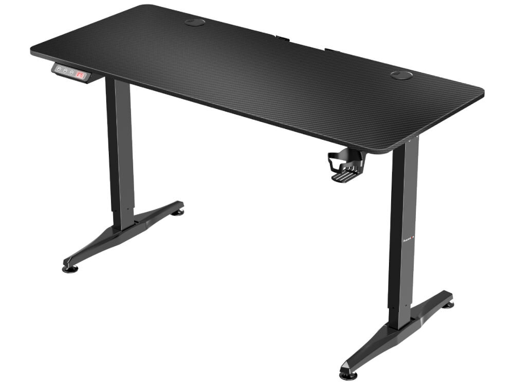 Biurko gamingowe HUZARO Hero 7.7 Czarny prezentacja biurka na białym tle stelaż z solidnego aluminium wzmocnione nogi regulowane stopki dostosowanie ustawienia biurka trwałość stabilność