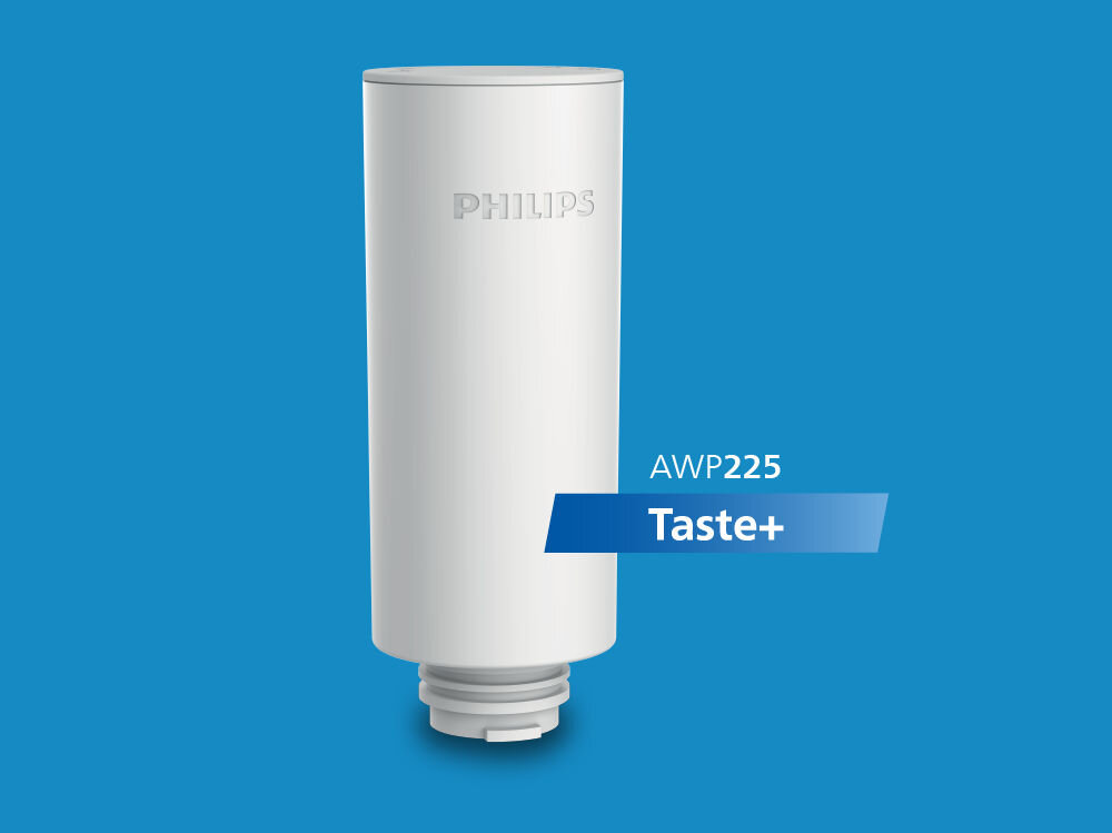 Wkład filtrujący PHILIPS Micro X-Clean AWP225/58 (3 szt.) Biały, cylindryczny wkład filtra wody Philips AWP225 Taste+ na niebieskim tle. Na boku wkładu widać logo PHILIPS, a obok niego niebieską etykietę z białą nazwą modelu AWP225 Taste+.