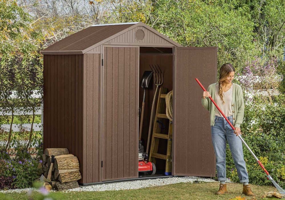 KETER drzwi dwuskrzydłowe bok przestronny narzędzia kosiarka zabawki porządek podwórko ochrona ogród działka funkcjonalne rozwiązanie przechowywanie potrzeby