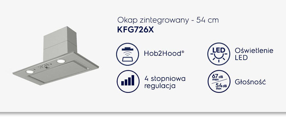 Obraz przedstawia okap zintegrowany o szerokości 54 cm, model KFG726X. Widoczne są ikony z funkcjami: Hob2Hood, oświetlenie LED, 4-stopniowa regulacja oraz poziom głośności 67 dB max / 54 dB min.