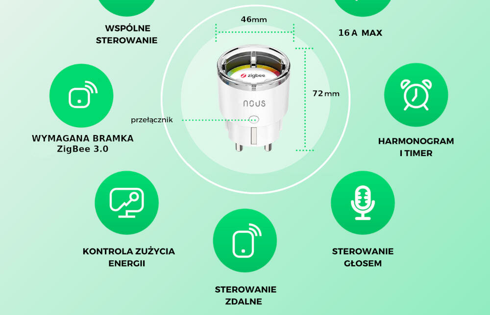 NOUS funkcje gniazdko włączenie wyłączenie aplikacja przycisk zigbee zasięg energia pomiar timer terminarz scenariusz