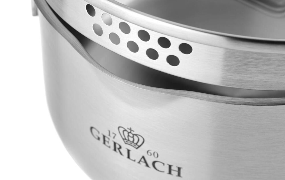 Zestaw garnków GERLACH Ambiente (6 elementów) wygodny trwały zestaw stal nierdzewna 18/10 pokrywki ze szkła hartowanego funkcja odcedzania użytkowanie w piekarniku do 180 stopni możliwość mycia w zmywarce miarka duże uchwyty komfort w trakcie podnoszenia