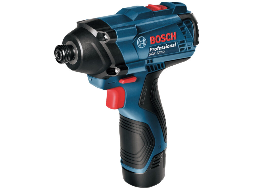 Zakrętarka BOSCH Professional GDR 120-LI 06019F0007 akumulator Li-Ion napięcie 12 V pojemność 2,0 Ah silnik szczotkowy dwa stopnie mocy pierwszy do 1300 obr/min drugi do 2600 obr/min fnkcja udar częstotliwość udaru 0-3600 ud/min maksymalny moment obrotowy do 100 Nm