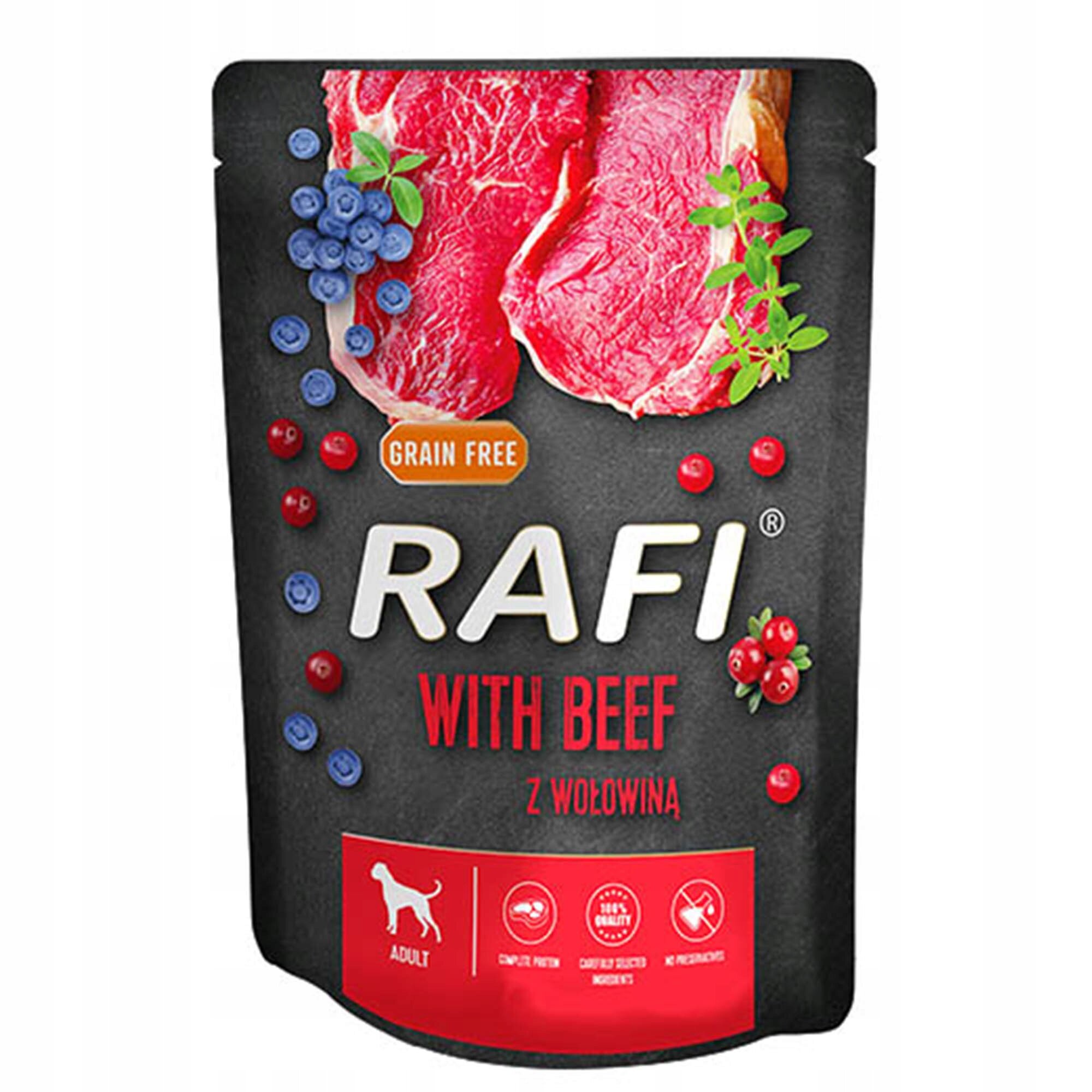 Opakowanie mokrej karmy dla psów marki Rafi z wołowiną, ozdobione zdjęciem kawałków mięsa oraz owoców. Na opakowaniu widnieje napis: \'RAFI WITH BEEF Z WOŁOWINĄ\'.