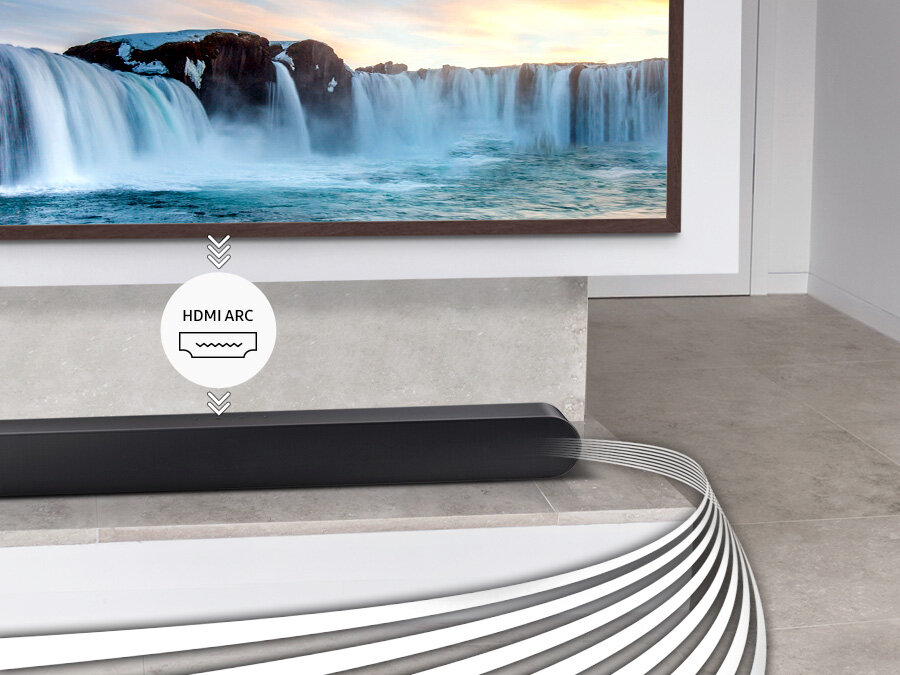 Ikonka HDMI ARC nad soundbarem  Samsung S-seria HW-S60B leżącym pod telewizorem. HW-S60B/EN