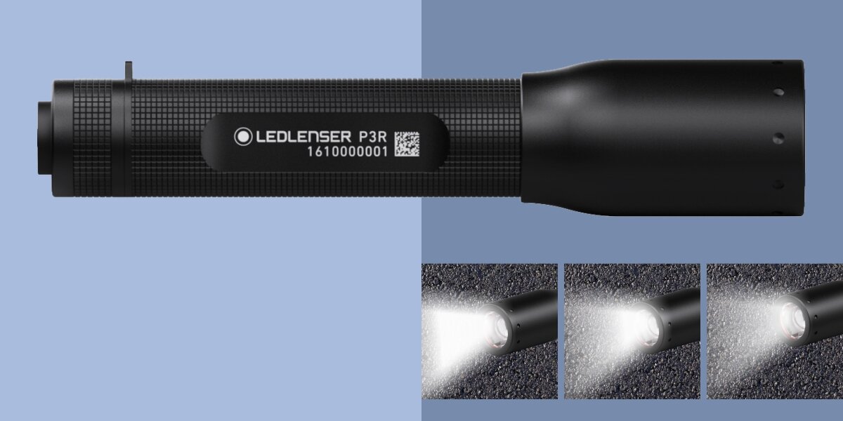 Latarka LEDLENSER P3 Core, Wszechstronne tryby świecenia, Latarka pokazana z boku wraz z stopniami świecenia
