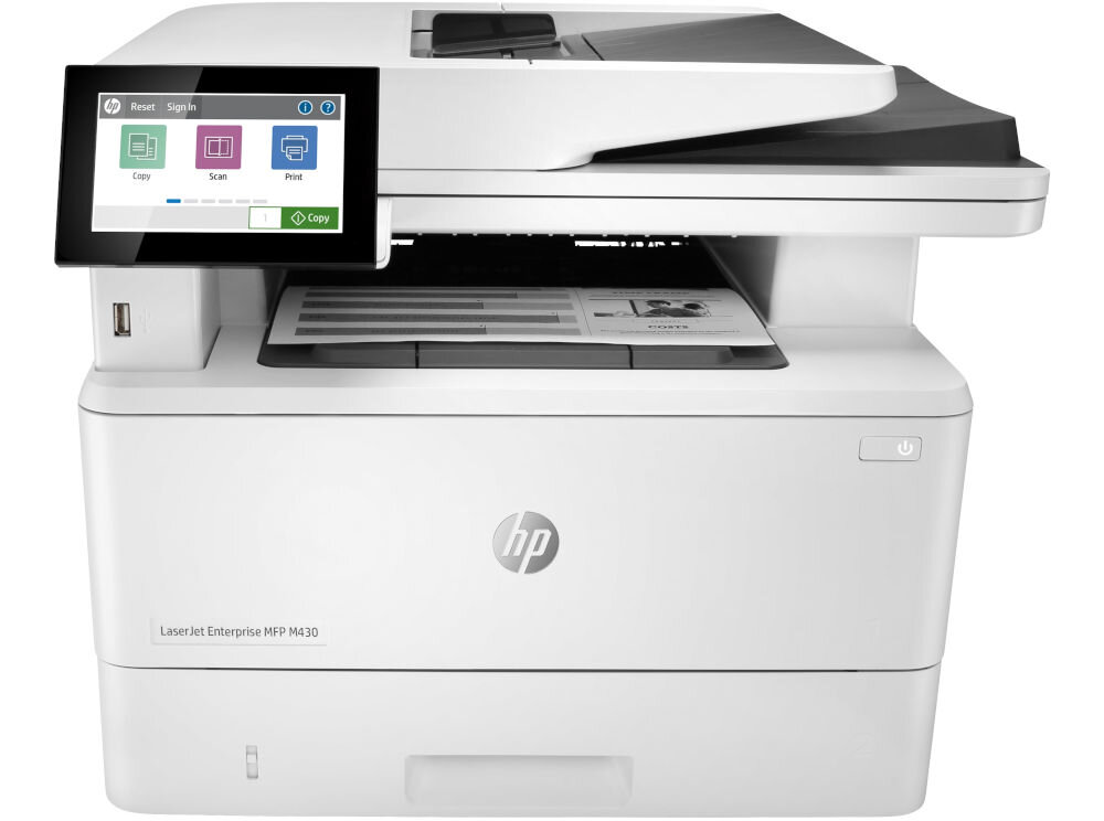 Urządzenie wielofunkcyjne HP LaserJet Enterprise MFP M430f Automatyczny druk dwustronny urządzenie na białym tle od przodu faks modem port linia telefoniczna funkcje zapis do 1000 numerów szybkie wybieranie