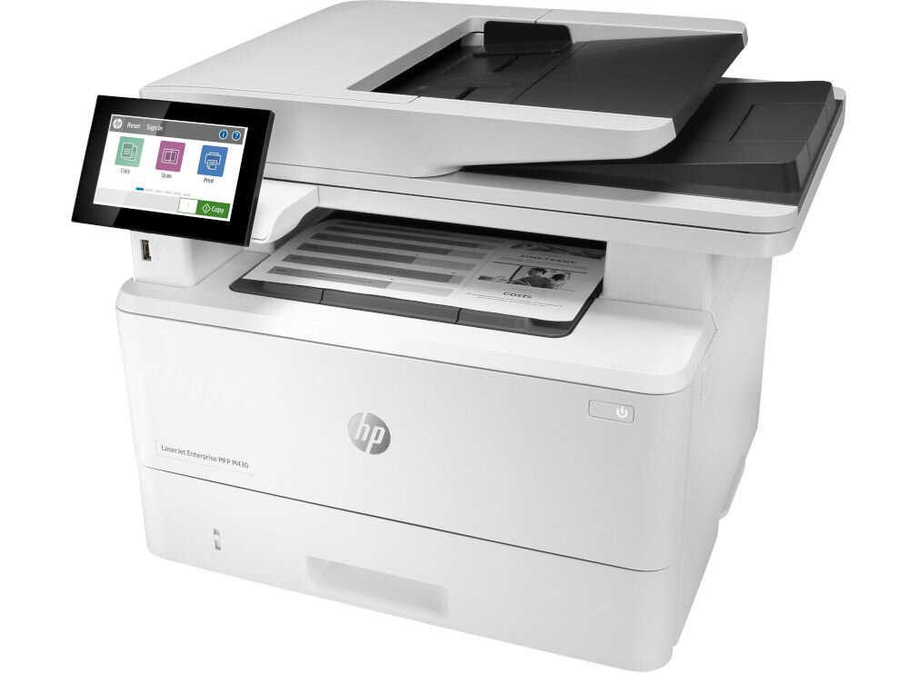 Urządzenie wielofunkcyjne HP LaserJet Enterprise MFP M430f Automatyczny druk dwustronny prezentacja urządzenia na białym tle pod kątem wymiary stabilność