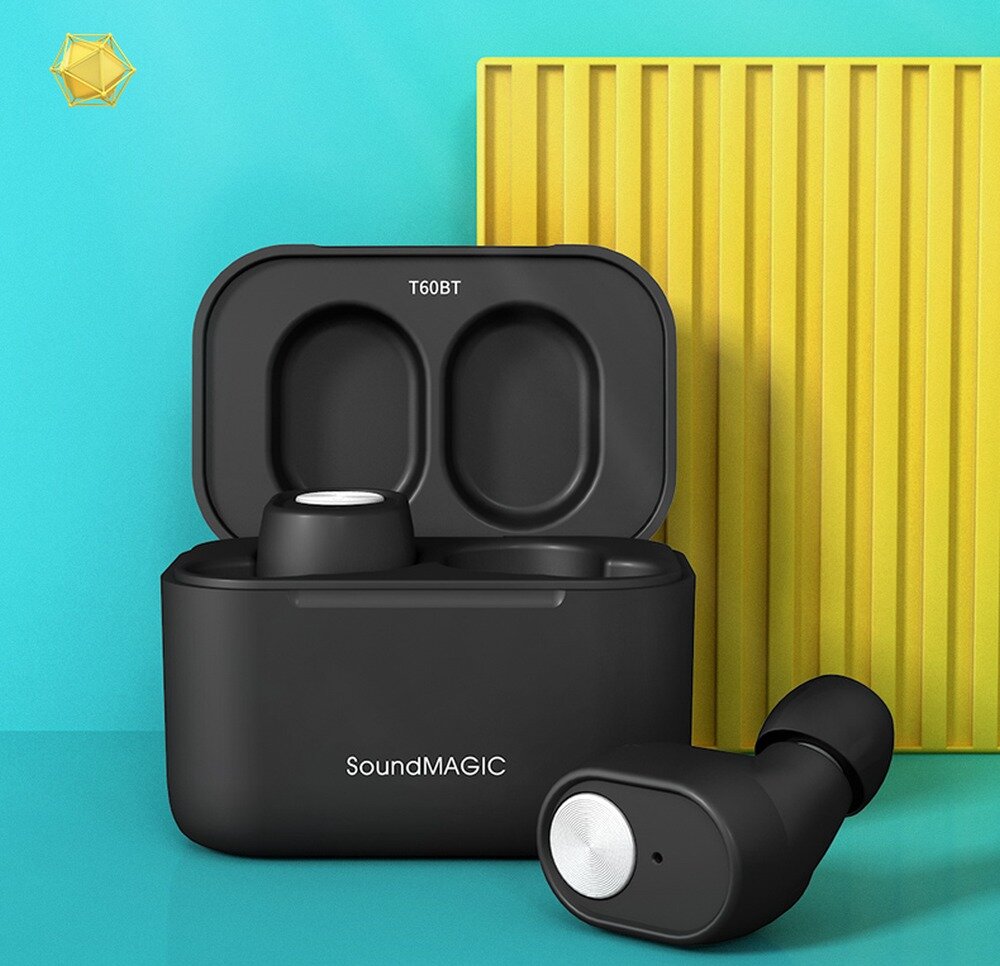 Słuchawki dokanałowe SOUNDMAGIC T60BT brzmienie bluetooth zużycie energii dopasowanie tryb mono stereo sterowanine dotykowe tryb gamingowy czas odtwarzania wodoodporność tryby działania parametry techniczne opakowanie