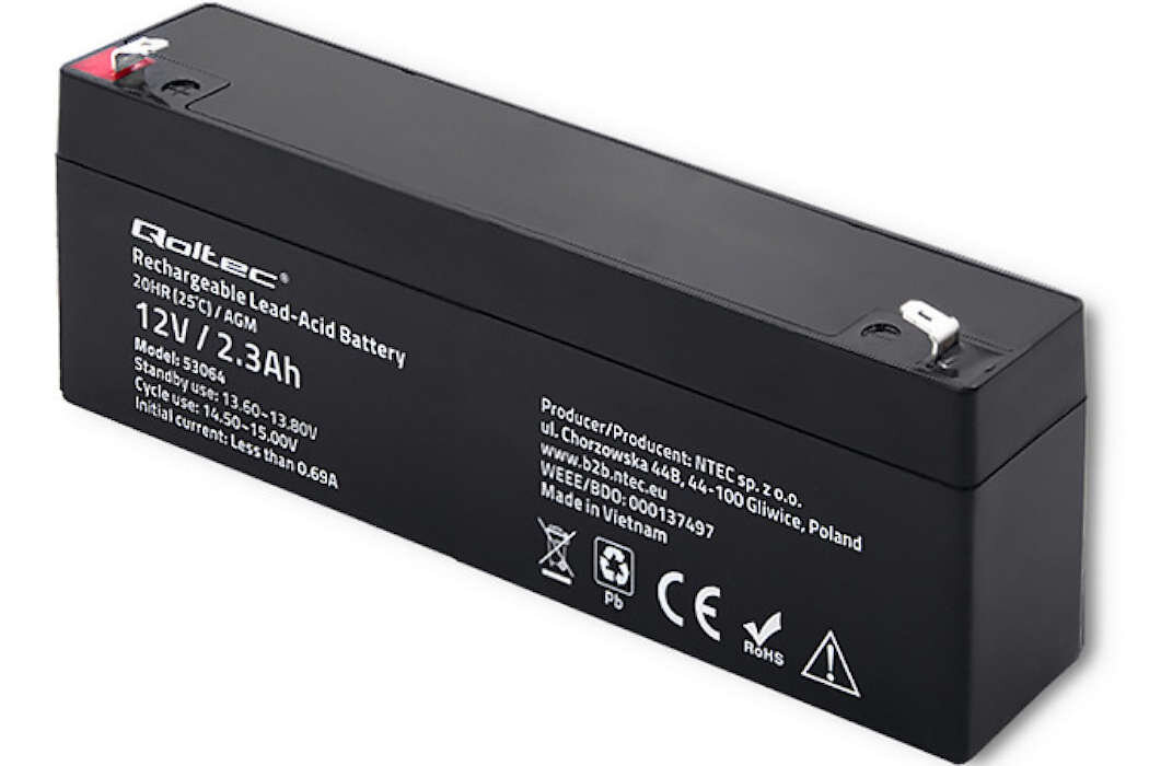 Akumulator QOLTEC 53064 2.3Ah 12V żywotność bateria wspomaganie waga wymiary przenośny